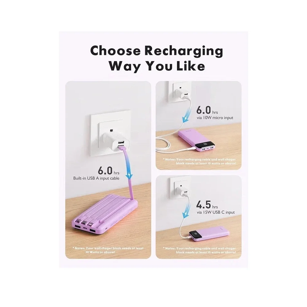 Portable Charger with Built in Cables, 10000mAh Slim Power Bank, 15W USB C in...